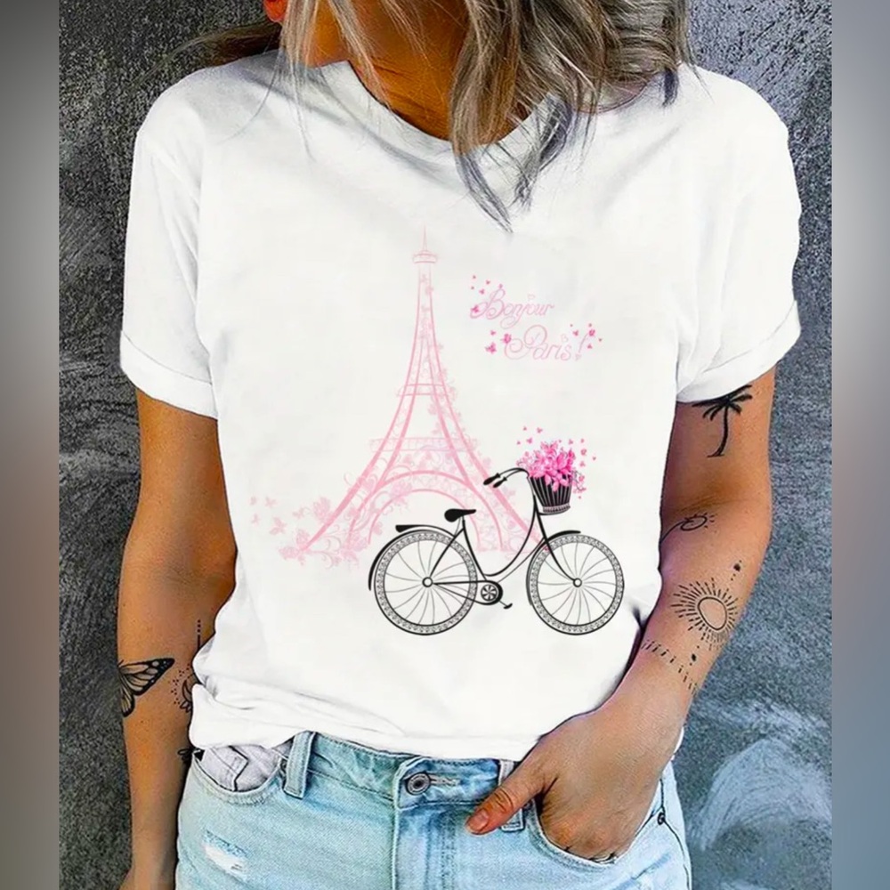 Unbranded - New In Bag - Medium - White Paris Bicycle Graphic Tee - Picture 2 of 6
